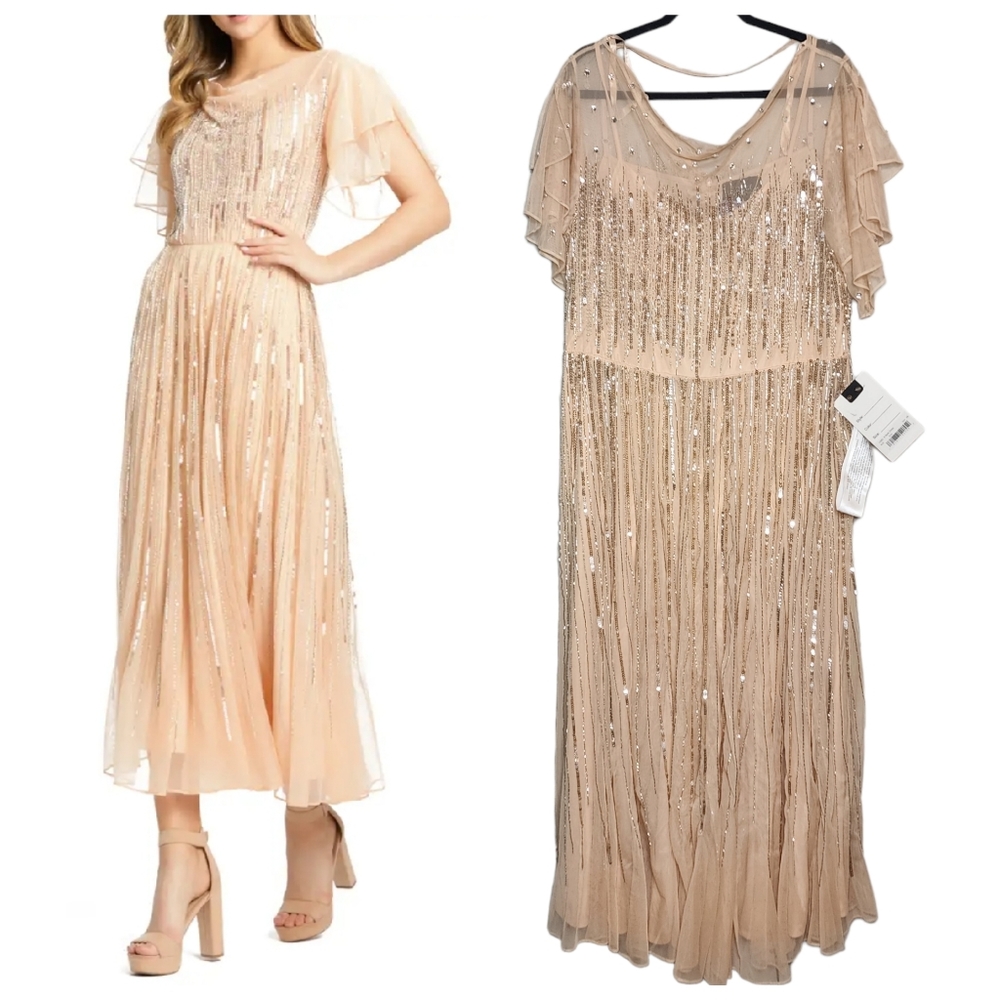 NWT Mac Duggal butterfly sleeve embellished chiffon midi dress,  nude.